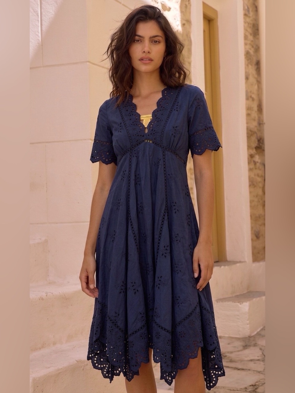 Catherine Malandrino Navy Eyelet Cotton Silk Midi Dress Size 2 NWT